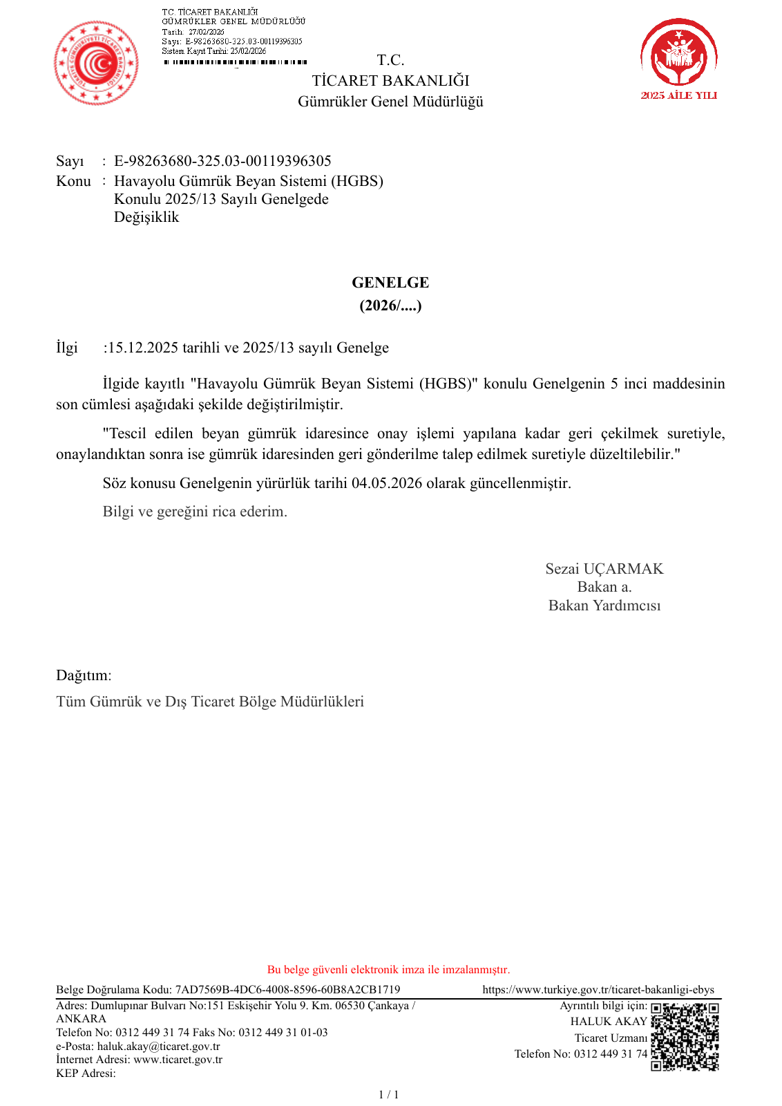 Genelge 2026/7, sayfa 1. Metin olarak oku bölümünde erişilebilir metin bulunur.